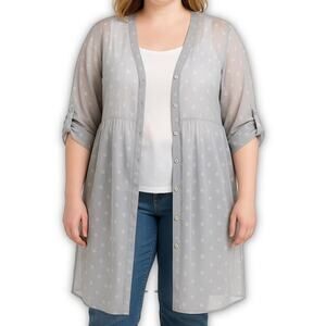 Torrid Sheer Polka Dot Kimono Duster Gray Button Front Layering Romantic 3X